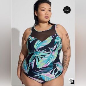 Torrid One Piece Swim SZ 2X NWT Summer Leaves Swimsuit Mesh High Neck